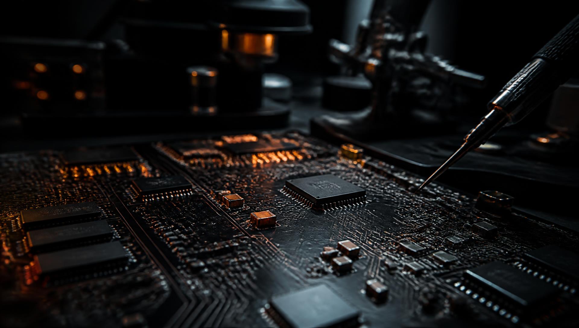 Micro soldering work on a circuit board in a dark electronics laboratory