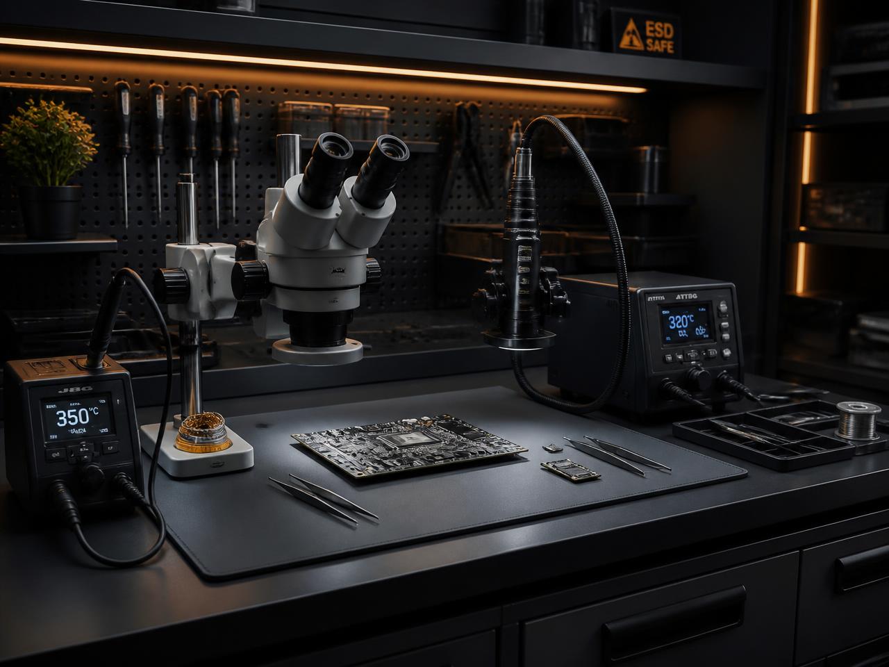 Electronics rework bench with stereo microscope, hot air station, and soldering iron